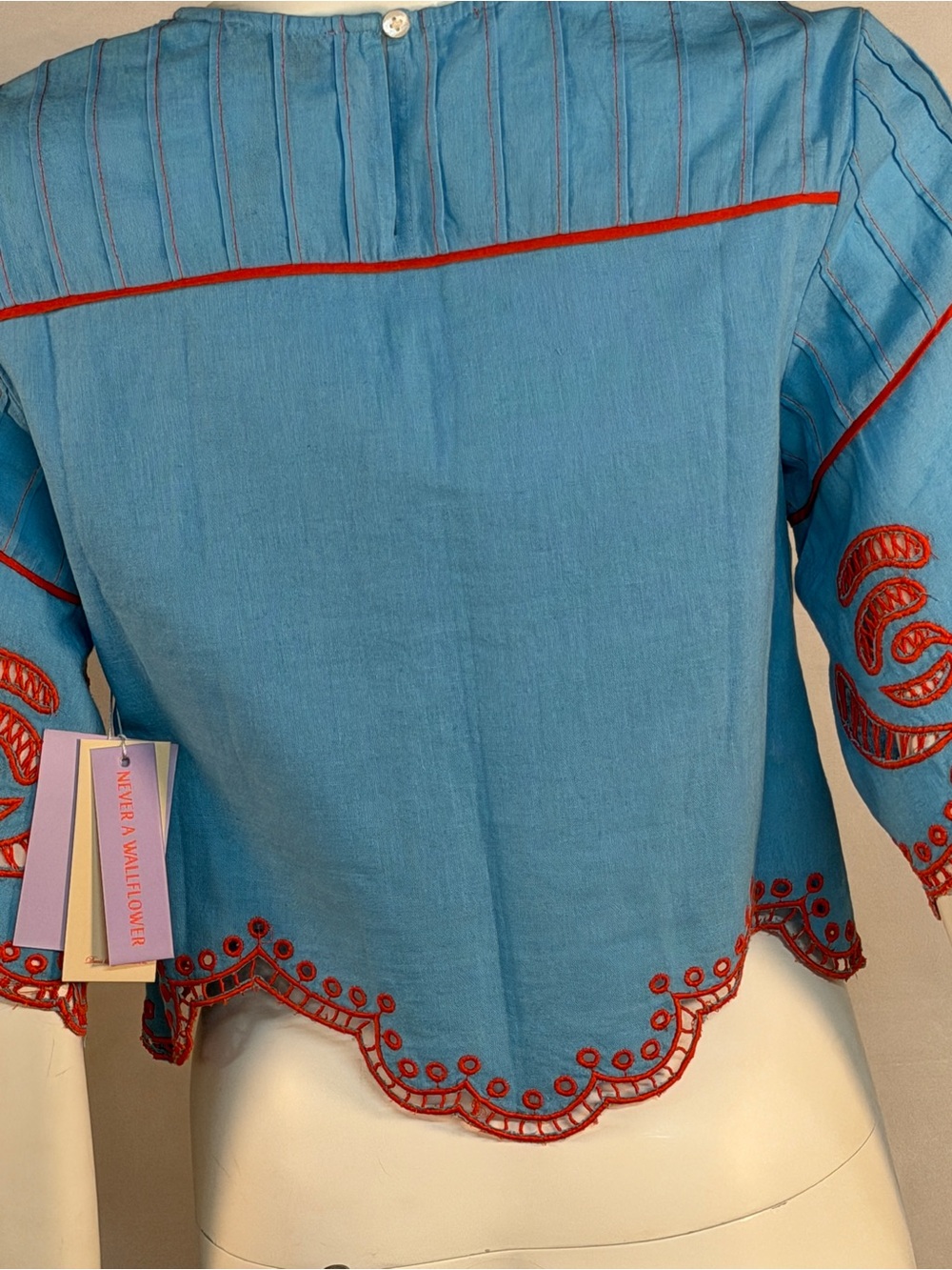 Never A Wallflower Embroidered Light Blue Cropped Top with orange Trim - Picture 10 of 15